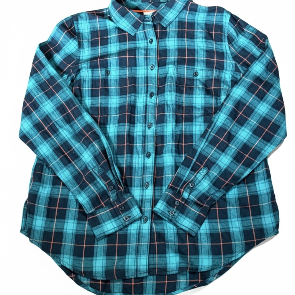 St. John’s Bay Teal & Navy Plaid Flannel Shirt - Size M